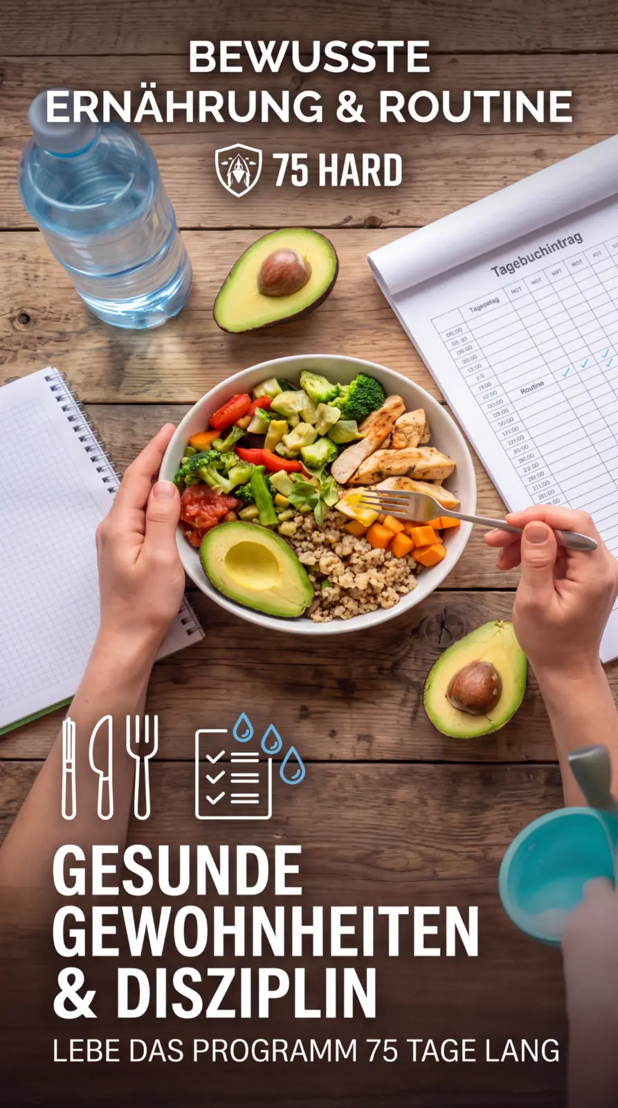 Gesunde Mahlzeit mit Avocado auf einem Holztisch
